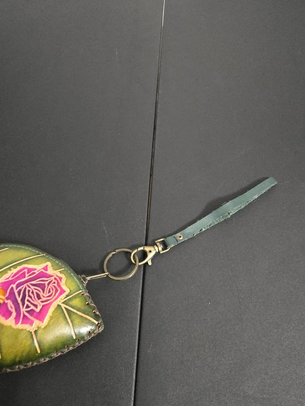 Leather Teardrop Keychain Wallet with Pink Rose and Orange Bee